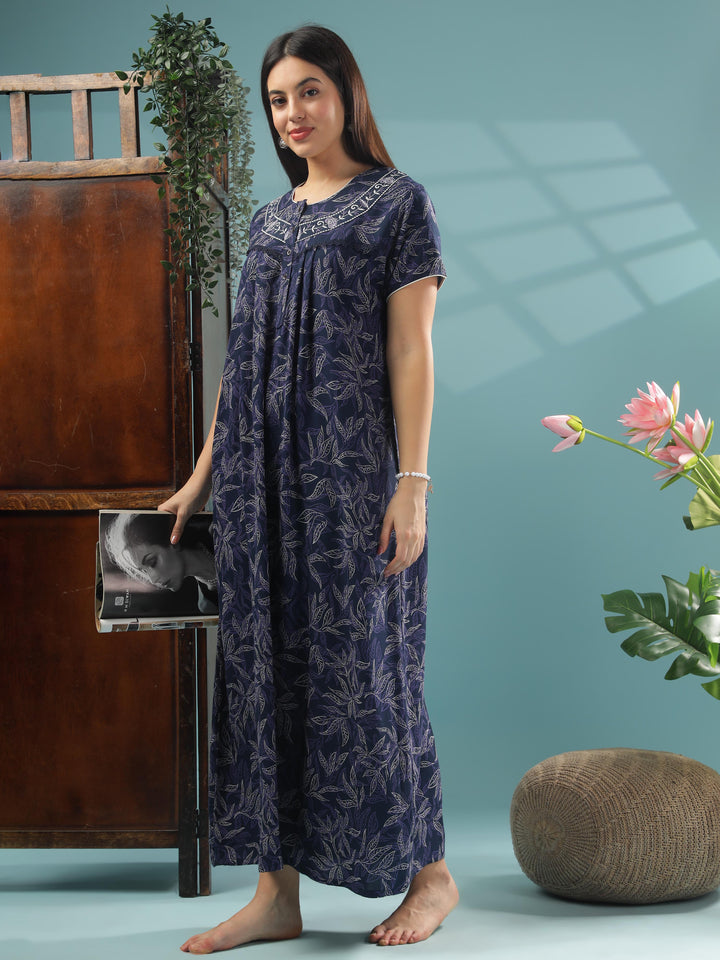 Navy Blue Luxurious Alpine Front Open Nighty For Women
