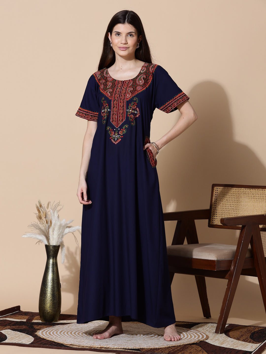 Navy Blue Embroidered Branded Long Nighty for Women