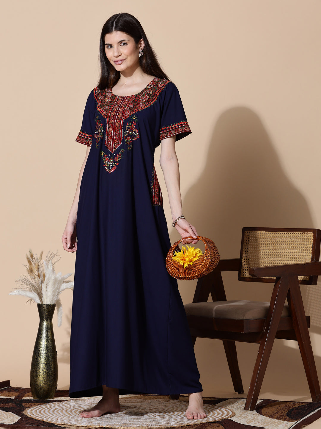 Navy Blue Embroidered Branded Long Nighty for Women