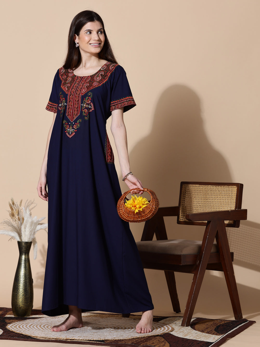 Navy Blue Embroidered Branded Long Nighty for Women