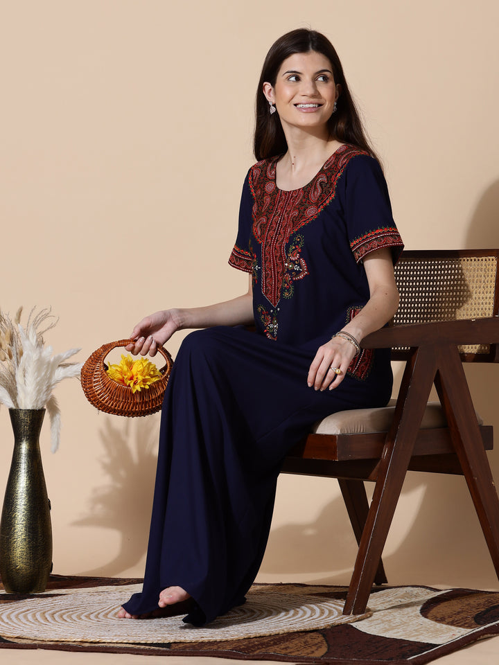 Navy Blue Embroidered Branded Long Nighty for Women