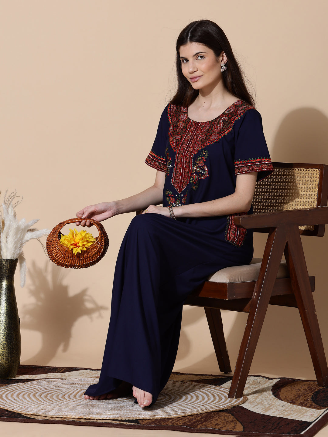 Navy Blue Embroidered Branded Long Nighty for Women