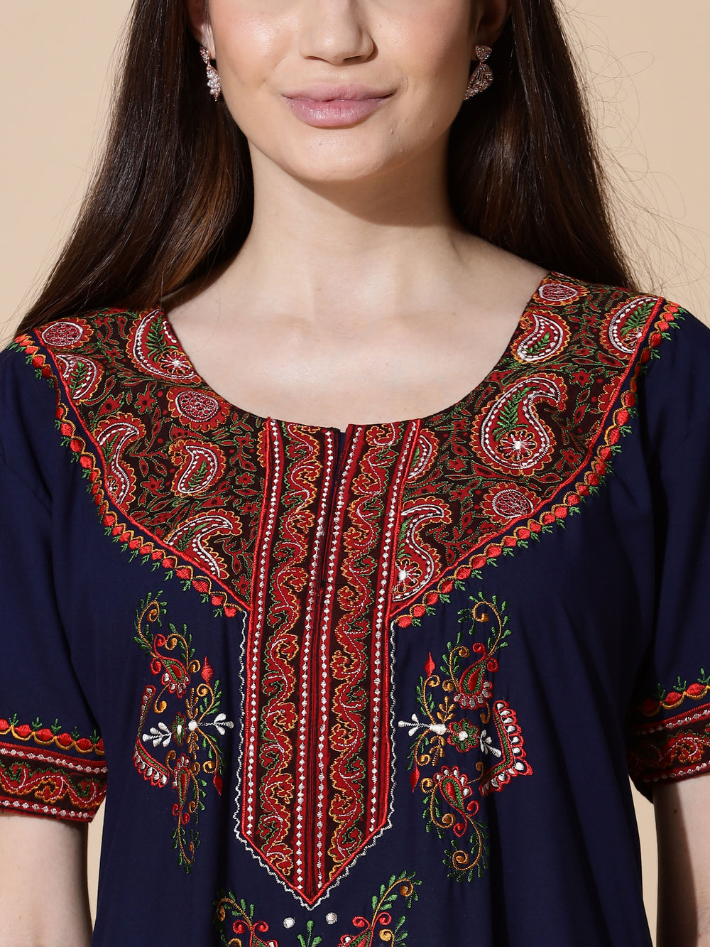 Navy Blue Embroidered Branded Long Nighty for Women