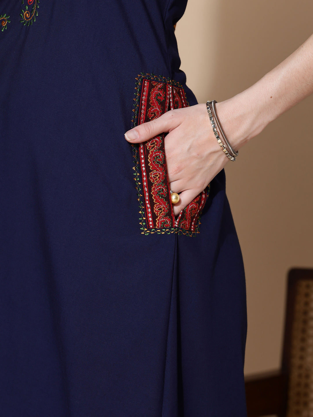 Navy Blue Embroidered Branded Long Nighty for Women