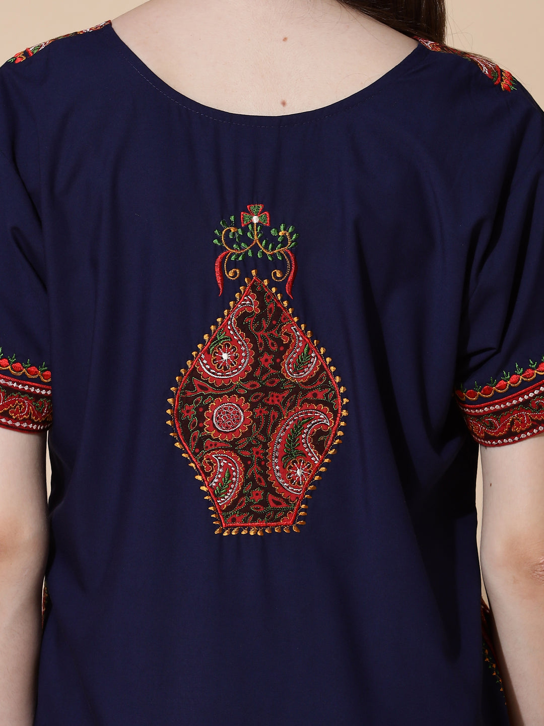Navy Blue Embroidered Branded Long Nighty for Women