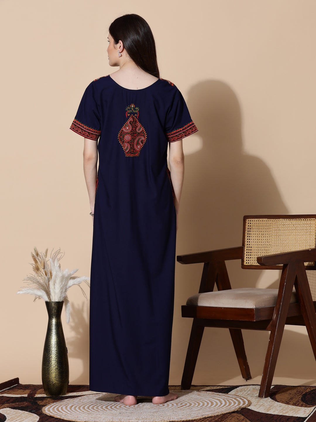 Navy Blue Embroidered Branded Long Nighty for Women