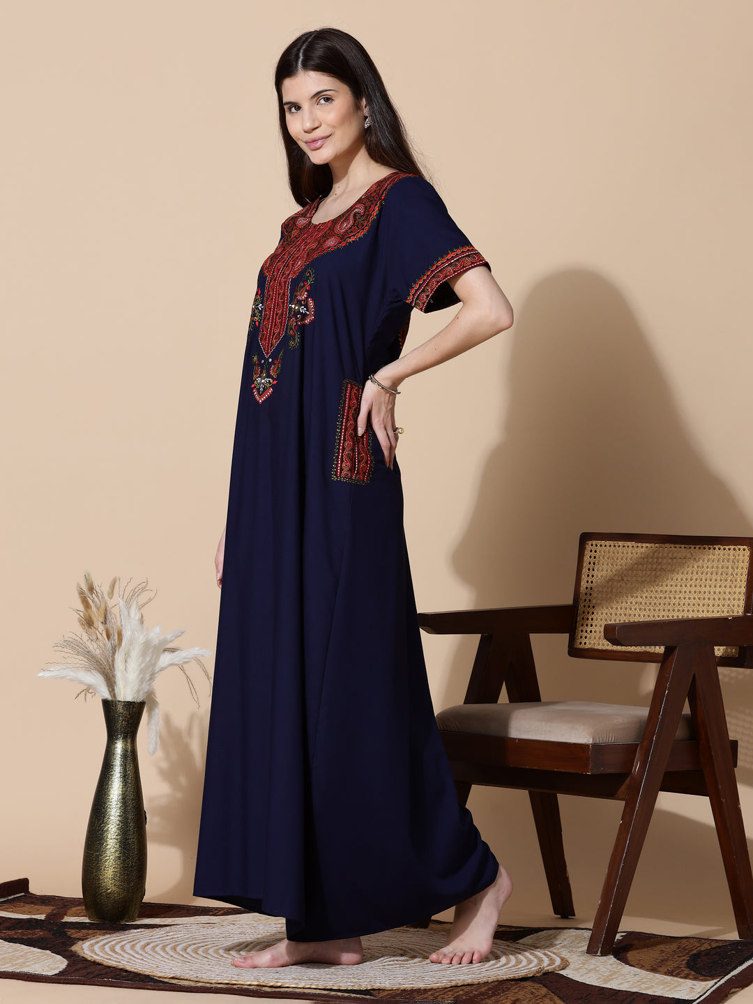 Navy Blue Embroidered Branded Long Nighty for Women