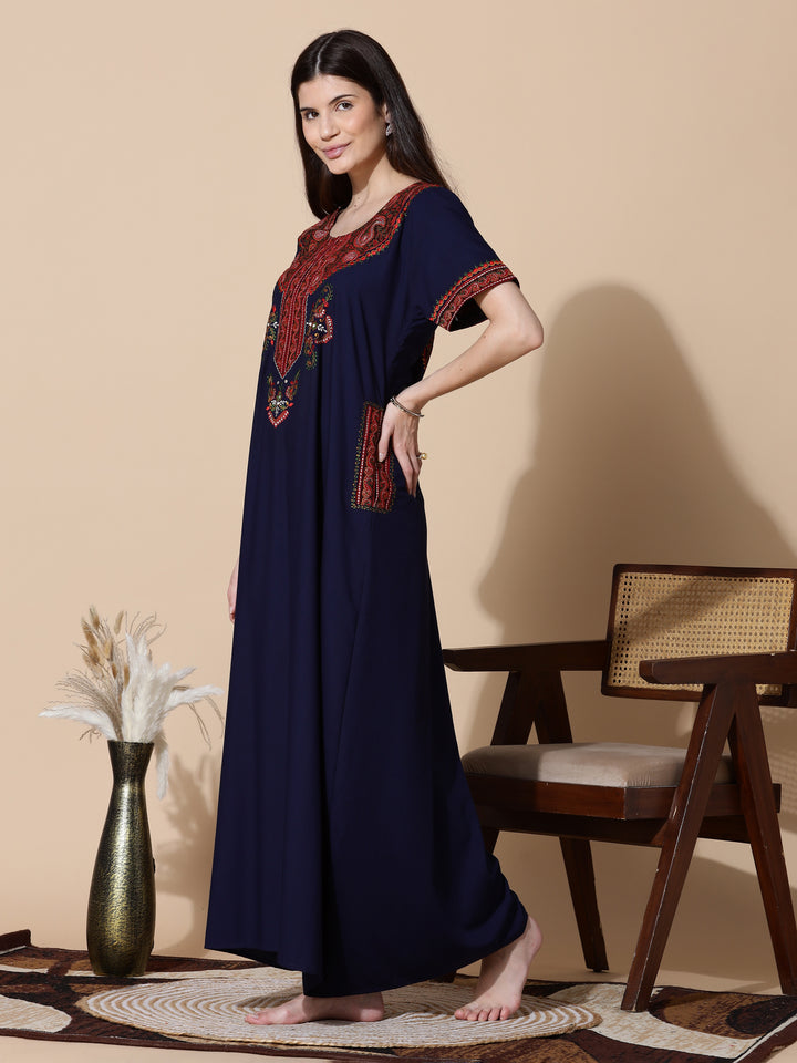 Navy Blue Embroidered Branded Long Nighty for Women