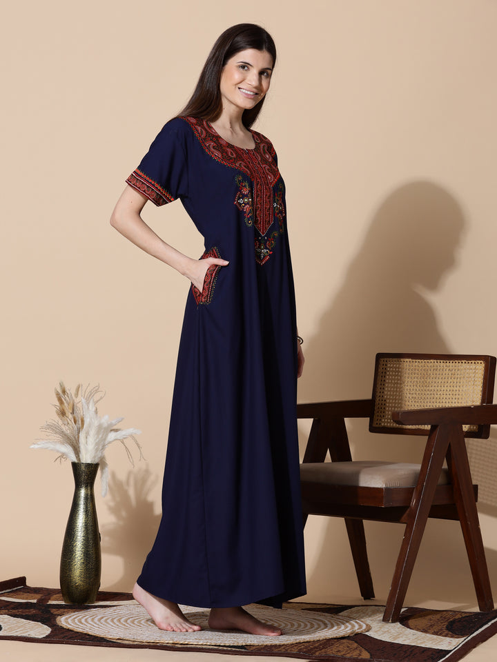 Navy Blue Embroidered Branded Long Nighty for Women