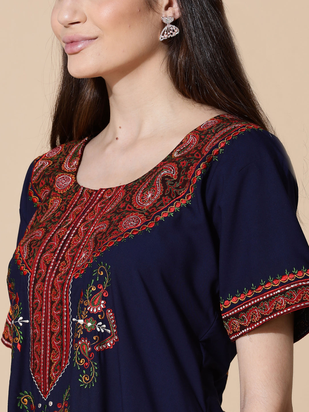Navy Blue Embroidered Branded Long Nighty for Women