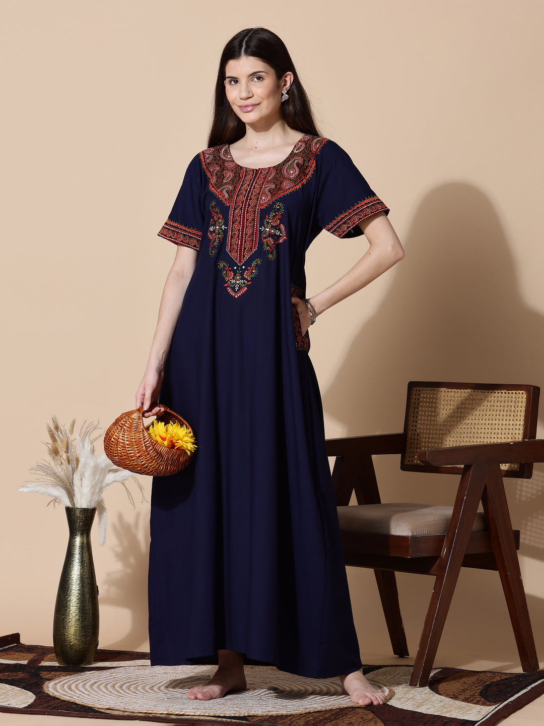 Navy Blue Embroidered Branded Long Nighty for Women