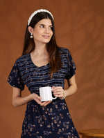 Navy Blue Smokey Yoke Floral Night Dress for Women with Pocket