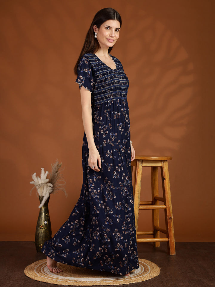 Navy Blue Floral Maxi Nighty Dress for Women