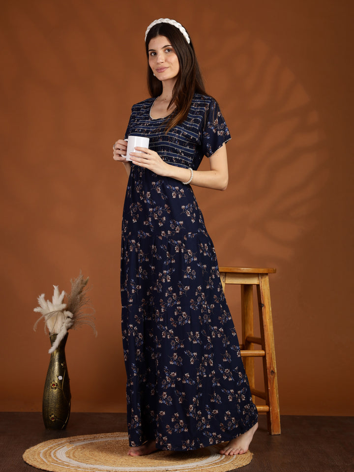 Navy Blue Floral Maxi Nighty Dress for Women