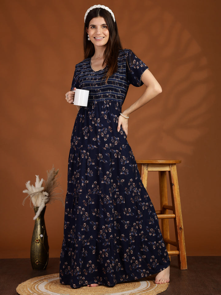 Navy Blue Floral Maxi Nighty Dress for Women