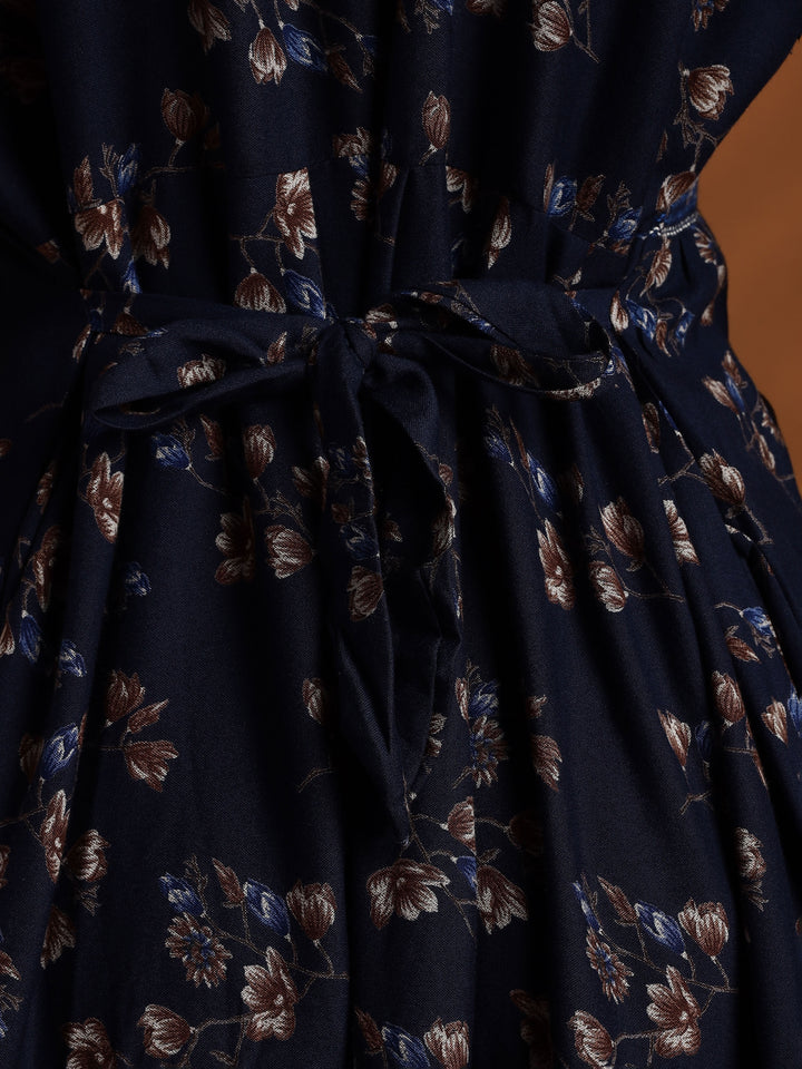 Navy Blue Floral Maxi Nighty Dress for Women