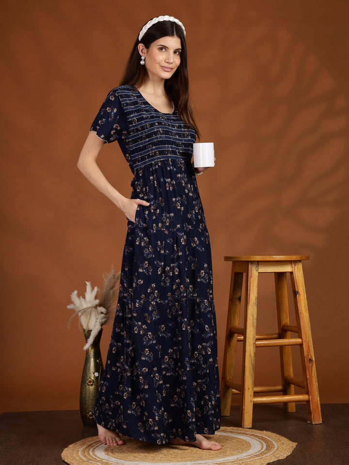 Navy Blue Floral Maxi Nighty Dress for Women