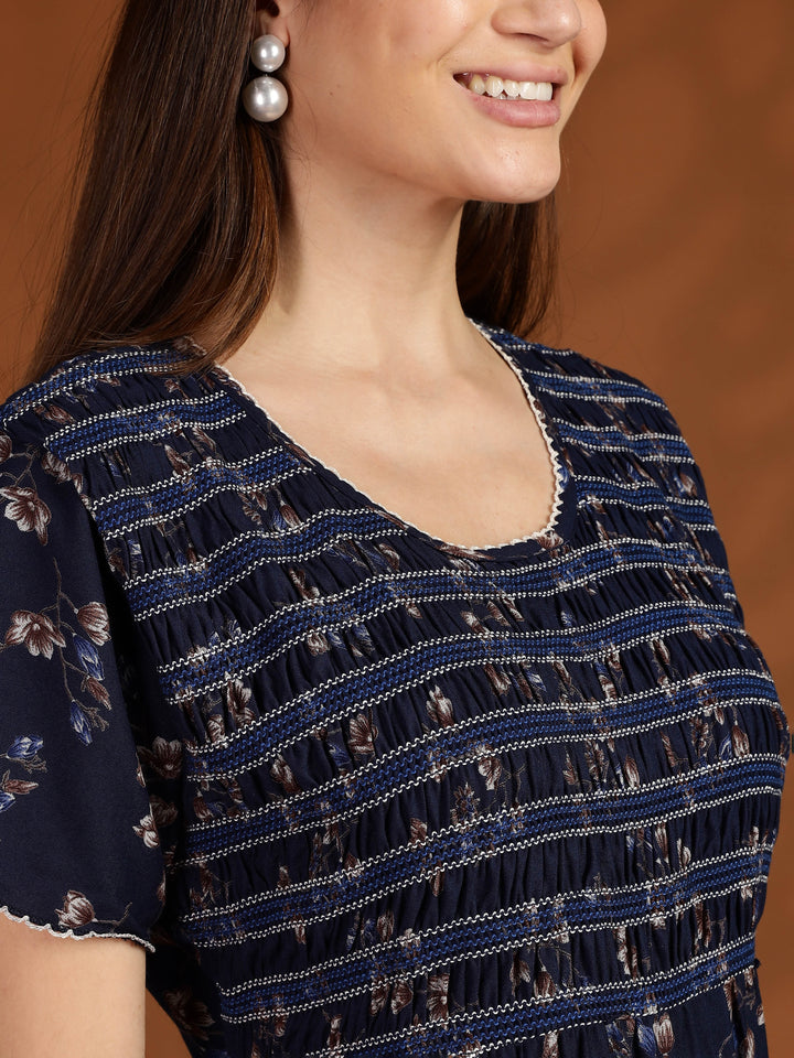 Navy Blue Floral Maxi Nighty Dress for Women
