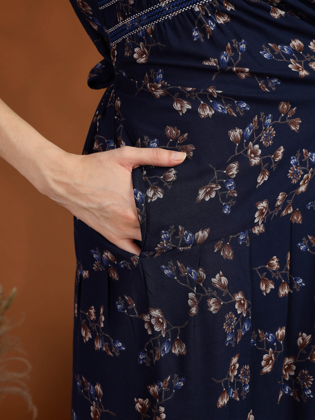 Navy Blue Floral Maxi Nighty Dress for Women