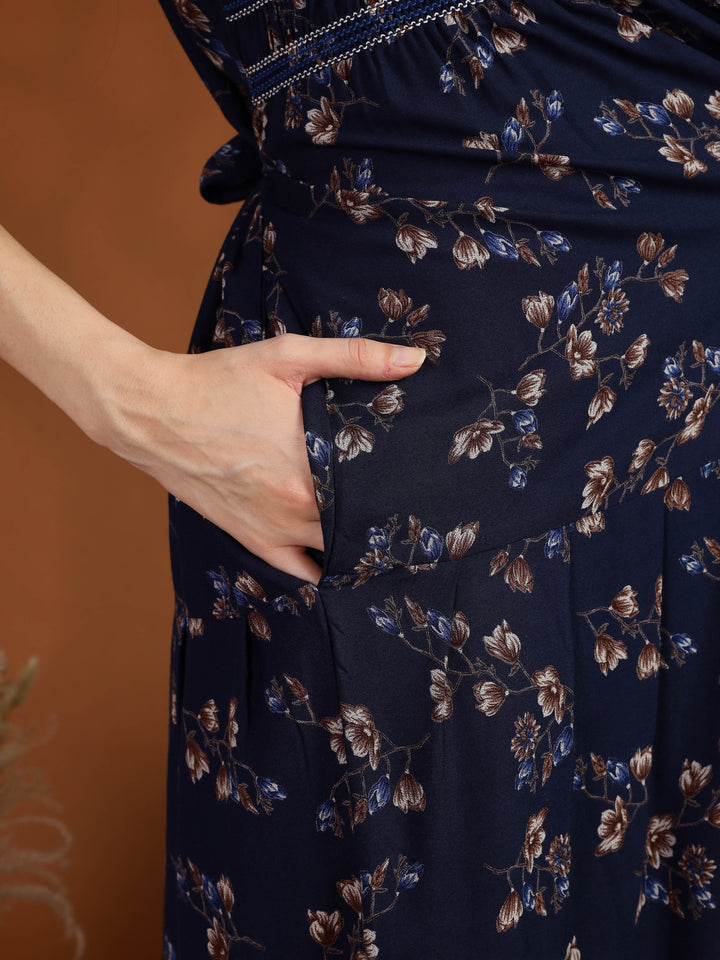 Navy Blue Floral Maxi Nighty Dress for Women