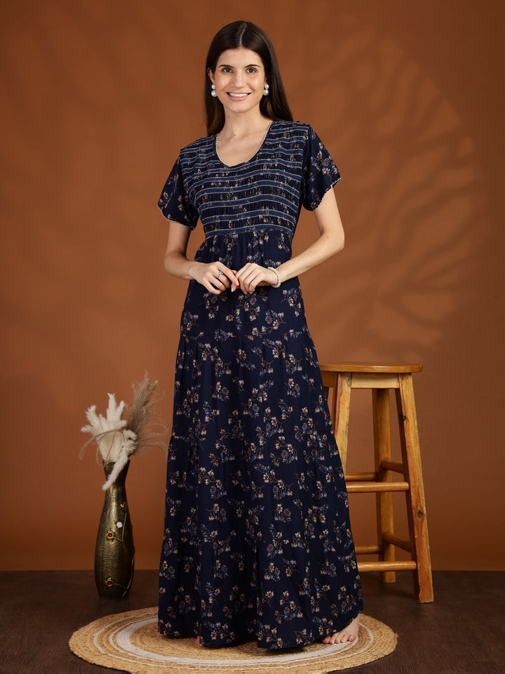 Navy Blue Floral Maxi Nighty Dress for Women