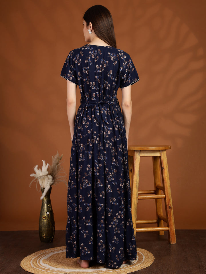 Navy Blue Floral Maxi Nighty Dress for Women