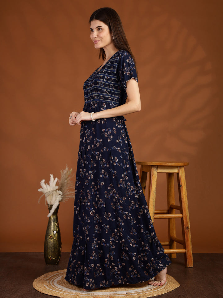 Navy Blue Floral Maxi Nighty Dress for Women