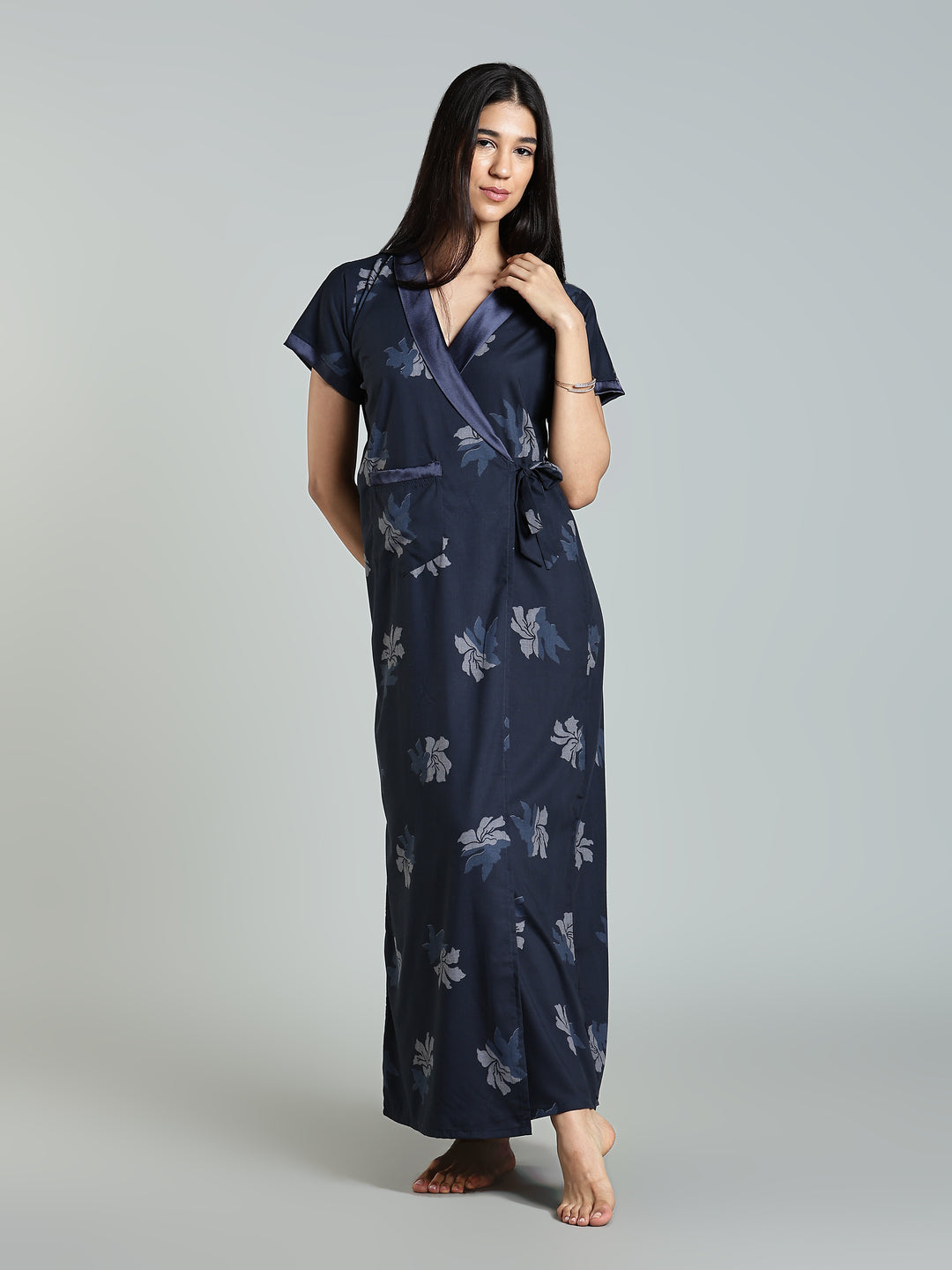  Navy Blue Floral Night Robe for Women