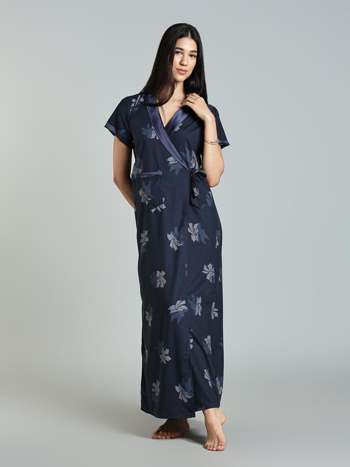  Navy Blue Floral Night Robe for Women