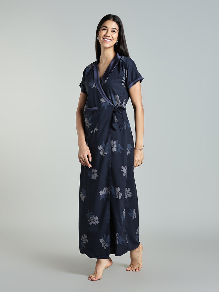 Navy Blue Floral Night Robe for Women