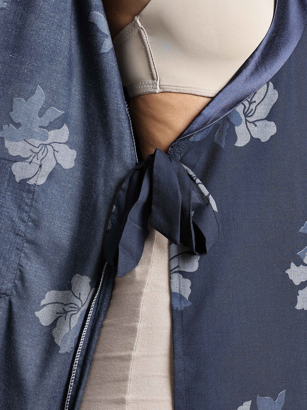 Navy Blue Floral Night Robe for Women