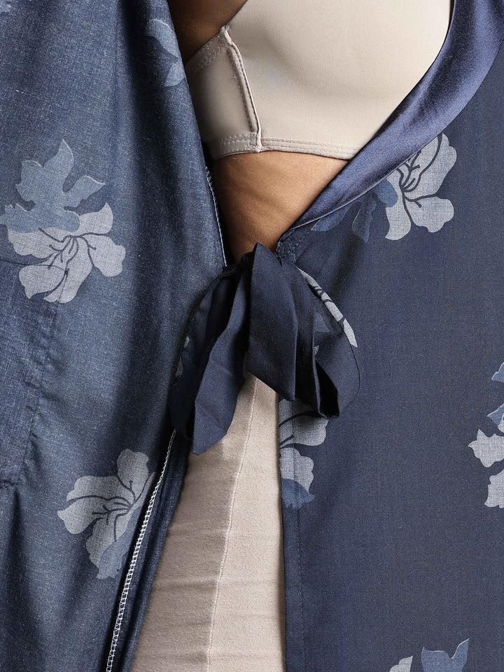 Navy Blue Floral Night Robe for Women