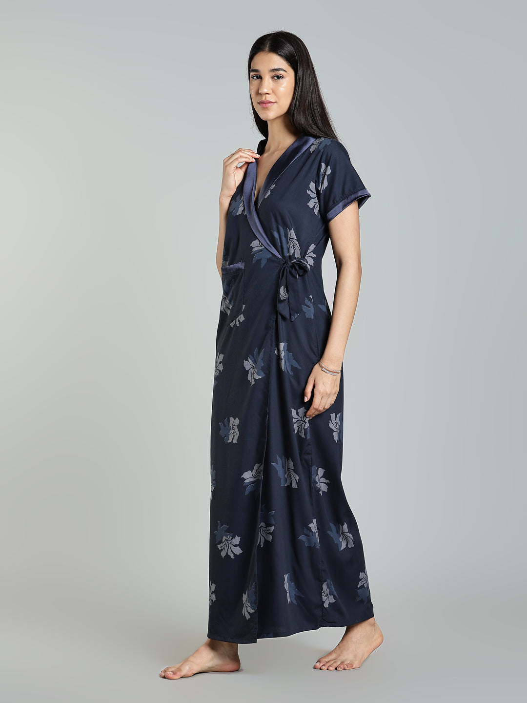 Navy Blue Floral Night Robe for Women