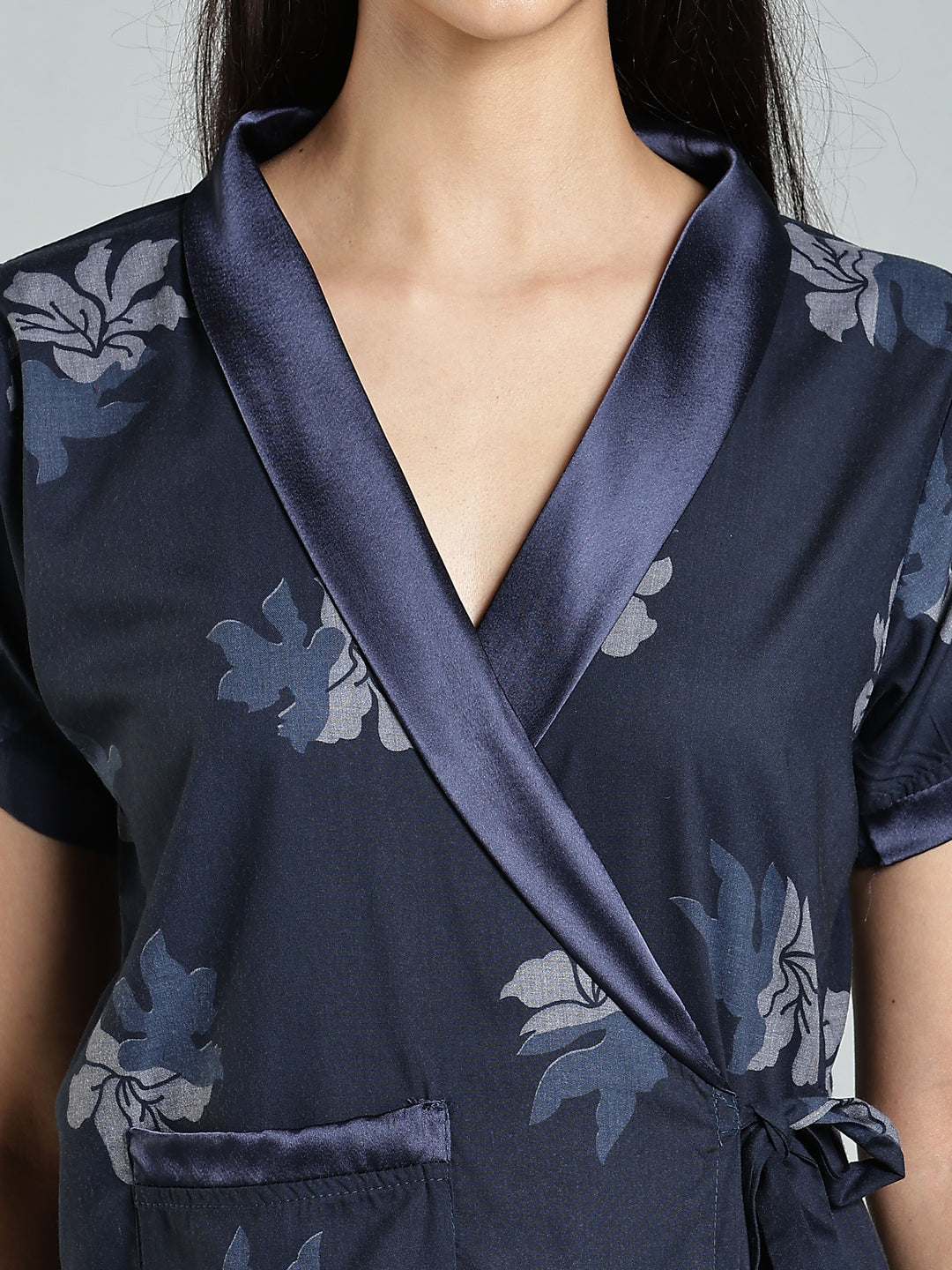 Navy Blue Floral Night Robe for Women
