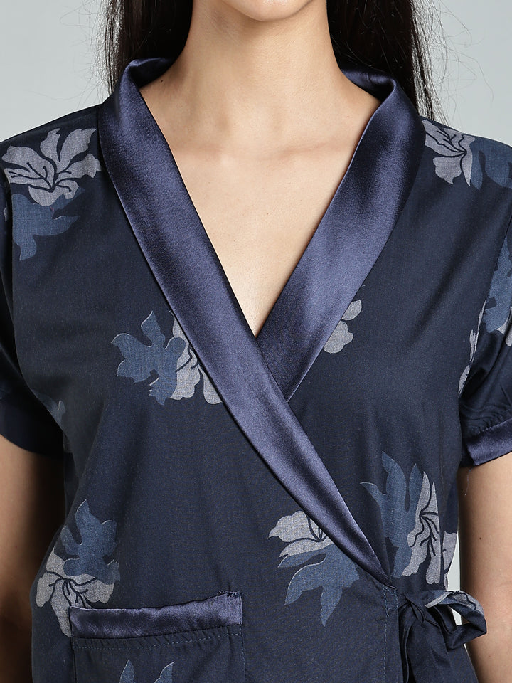 Navy Blue Floral Night Robe for Women