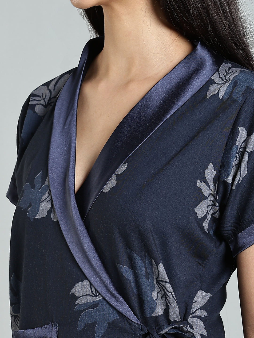 Navy Blue Floral Night Robe for Women