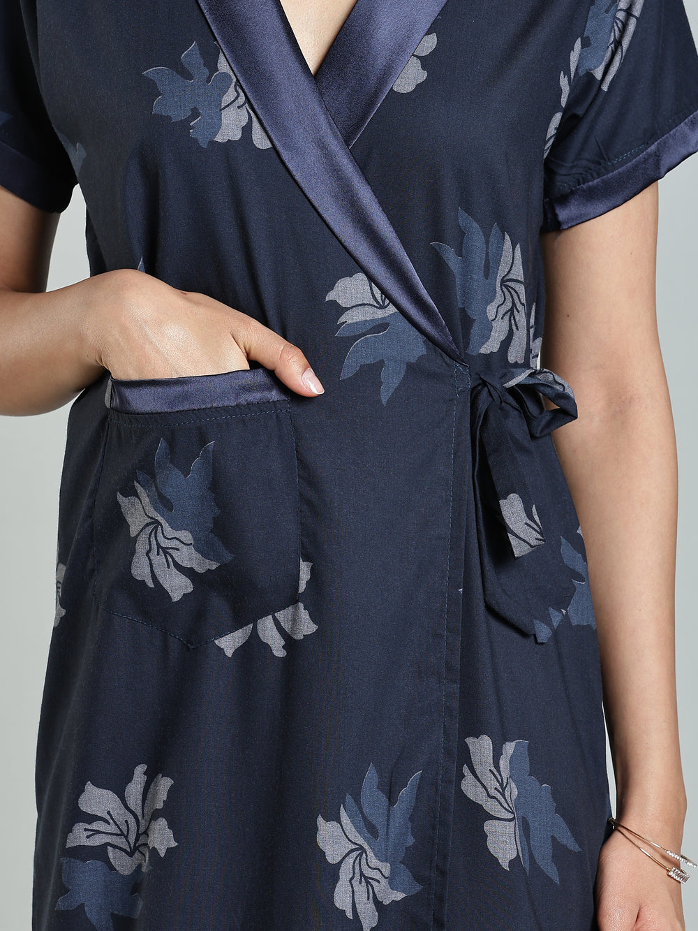 Navy Blue Floral Night Robe for Women