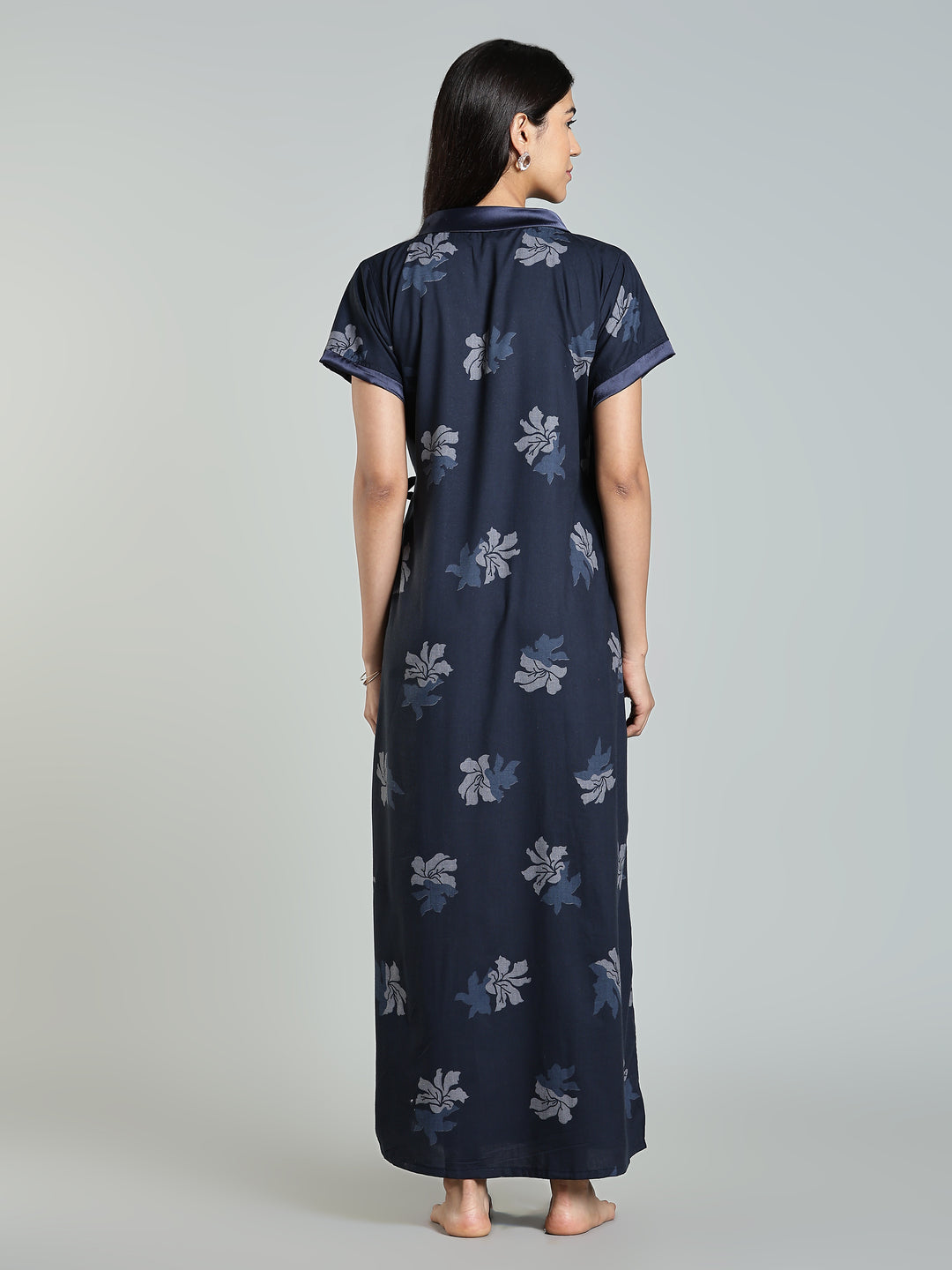 Navy Blue Floral Night Robe for Women