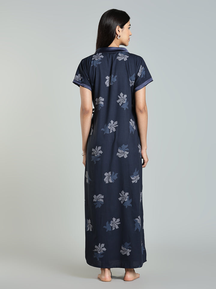 Navy Blue Floral Night Robe for Women
