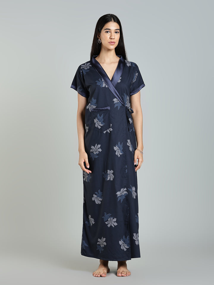 Navy Blue Floral Night Robe for Women