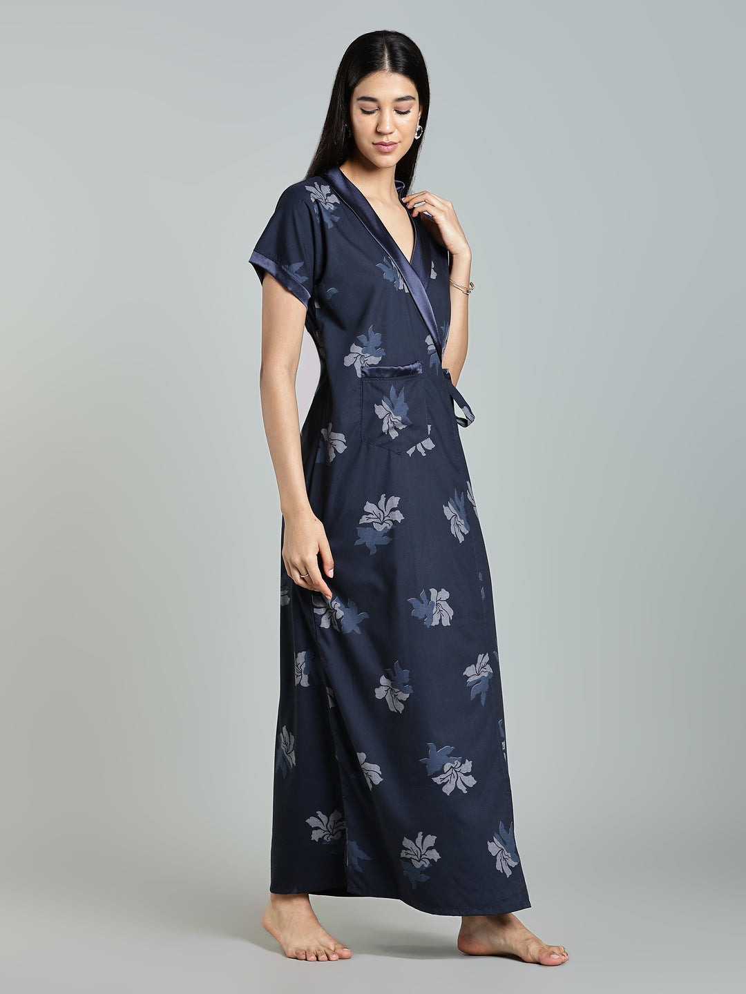 Navy Blue Floral Night Robe for Women