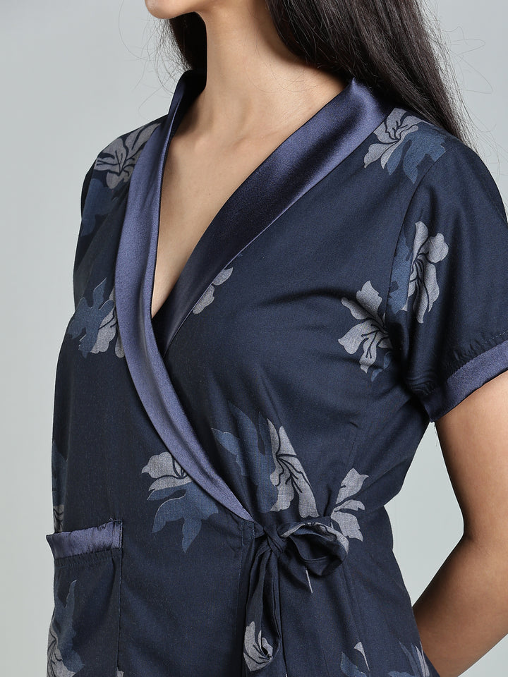 Navy Blue Floral Night Robe for Women