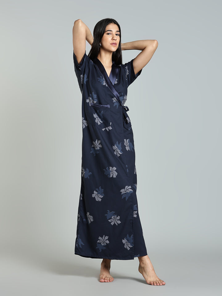 Navy Blue Floral Night Robe for Women