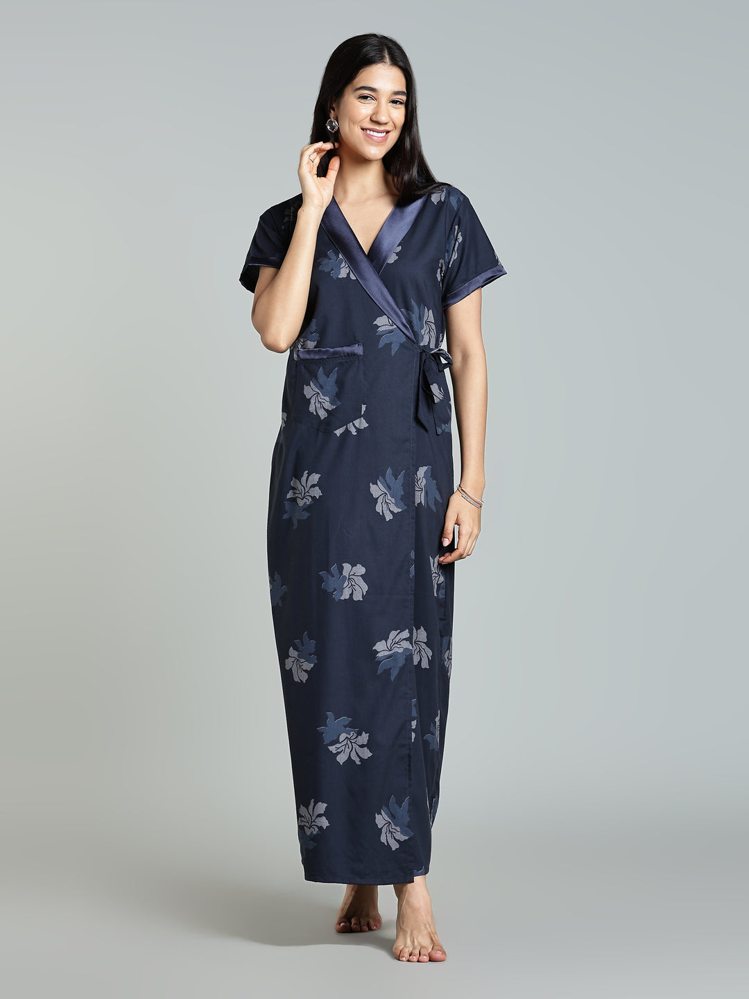 Navy Blue Floral Night Robe for Women