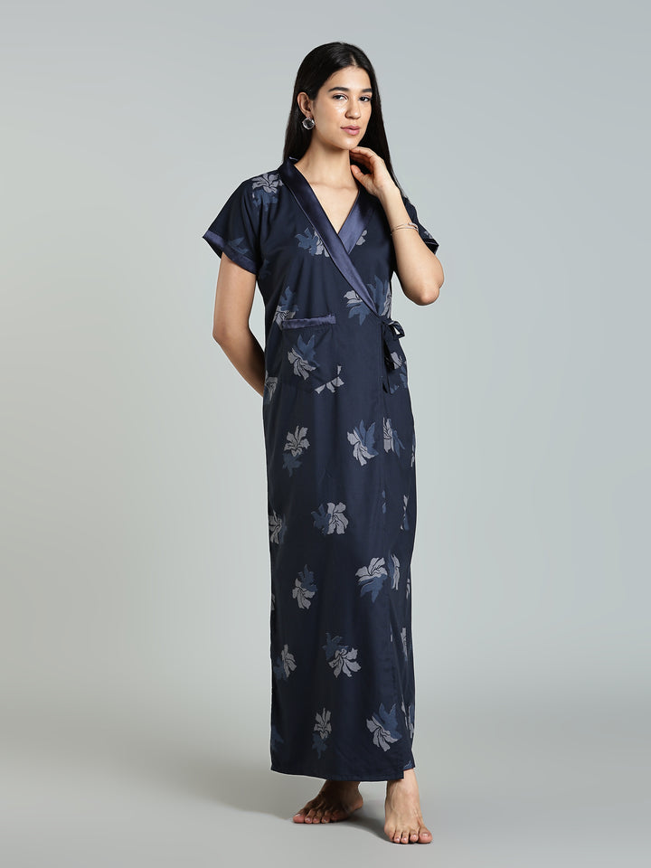 Navy Blue Floral Night Robe for Women