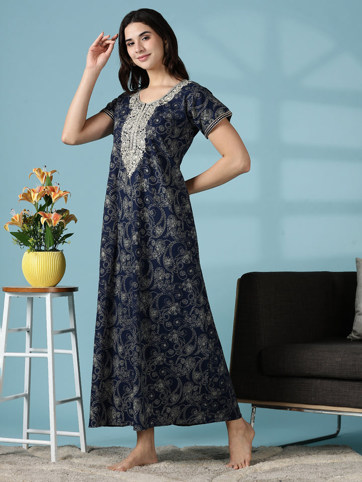 Royal Navy Blue Jaipuri Pure Cotton Nighty for Women