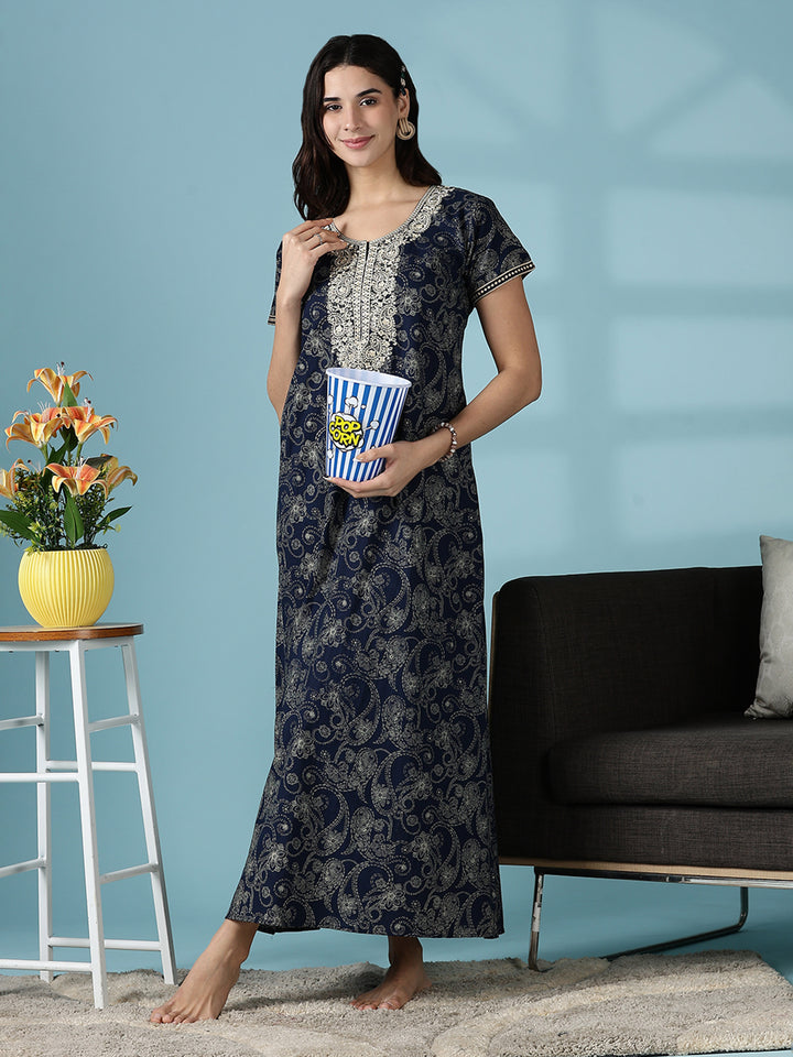 Royal Navy Blue Jaipuri Pure Cotton Nighty for Women