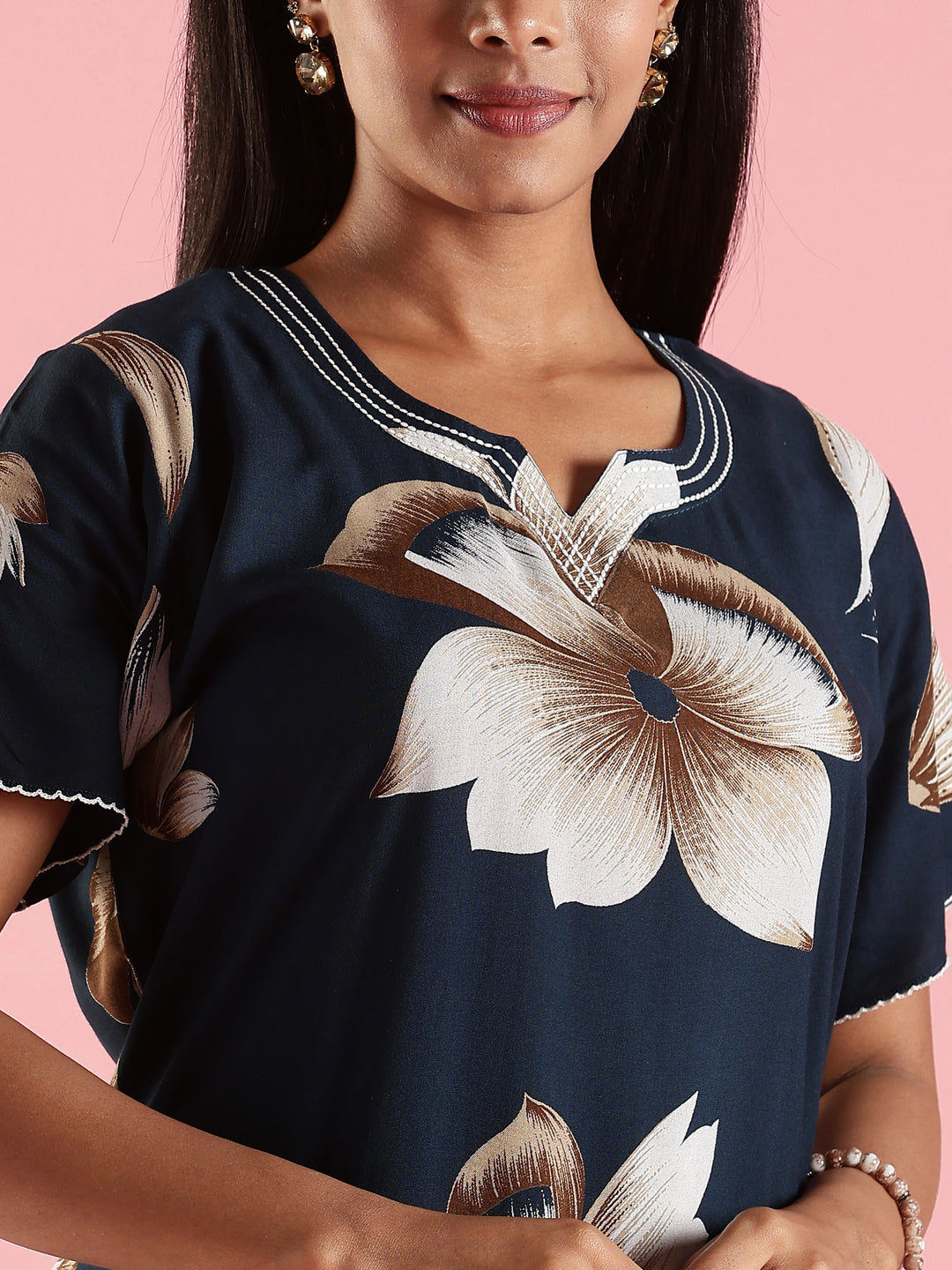 Summer Wear Navy Blue Rayon Fabric Floral Nighty for Women