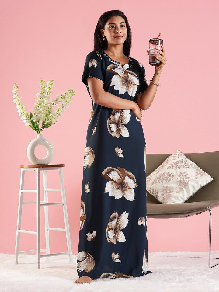Summer Wear Navy Blue Rayon Fabric Floral Nighty for Women