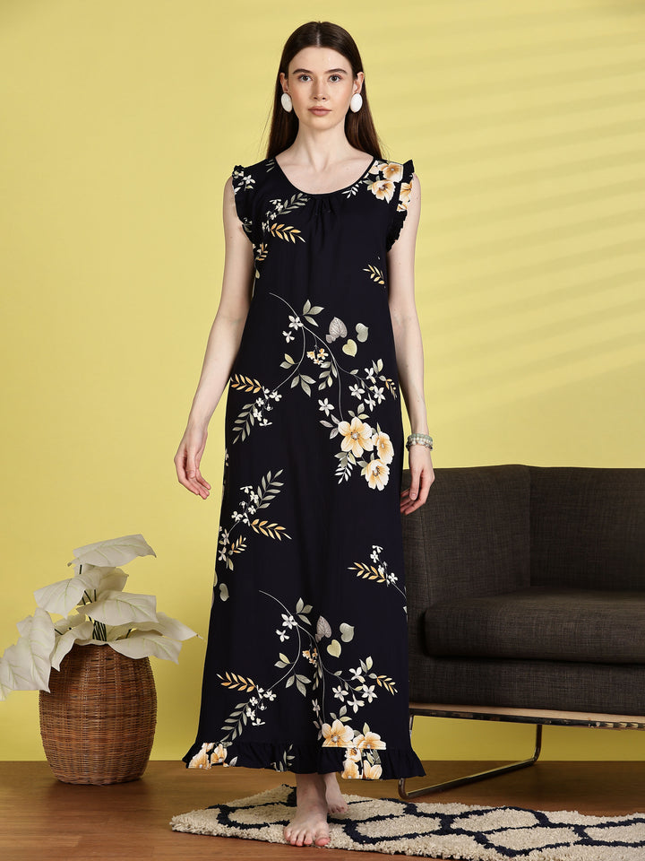 Navy Blue Rayon Sleeveless Nightdress for Women
